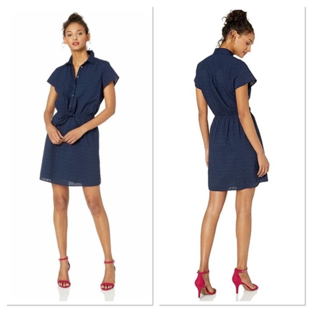 J Crew Eyelet Collared Tie-Front Dress Cotton Navy Blue Summer Casual Party Work